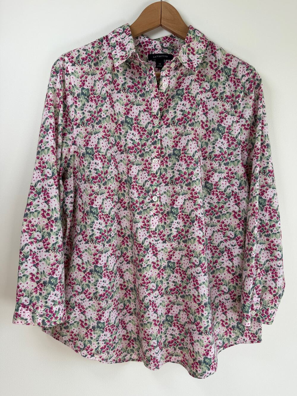 Lands' End Floral Cotton Henley Blouse Pink Green Long Sleeve Sz 14 Cottagecore